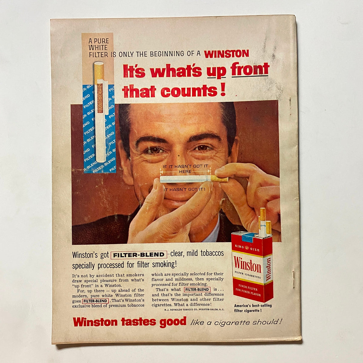 Advertisement page from VTG Motor Trend Magazine June 1959 featuring a Winston cigarette promotion. The ad showcases the cigarette brand's filter technology, appealing to consumers with a compelling visual presentation.