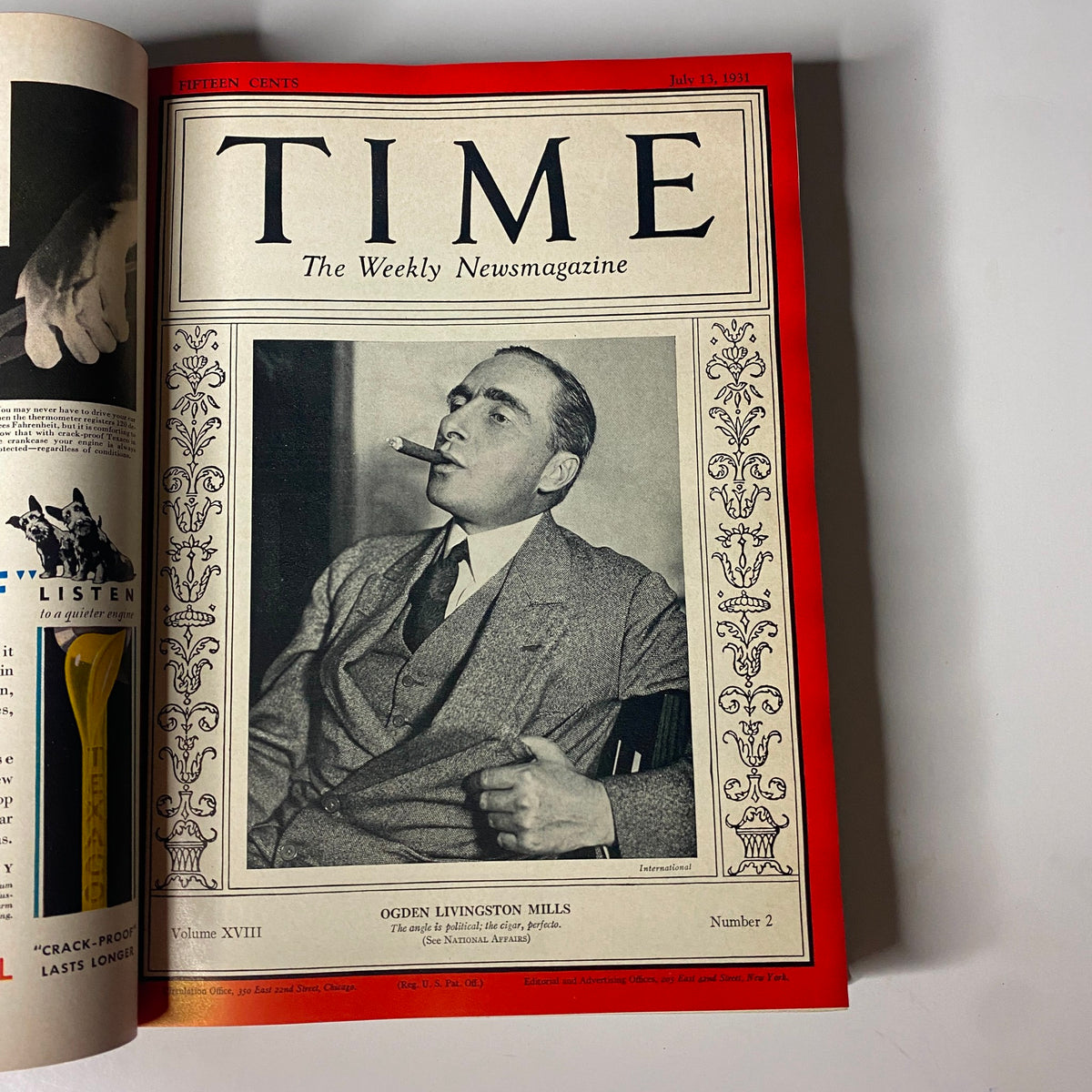Cover of Time Magazine dated July 13, 1931, featuring Ogden Livingston Mills, included in the Time Magazine Library Bound from July 6 to September 28, 1931.