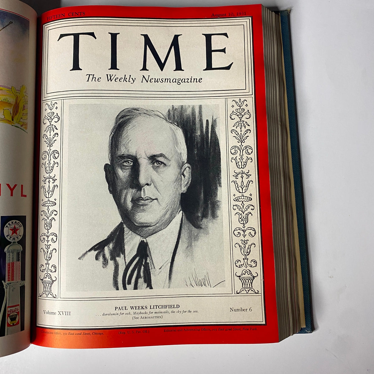 Cover of Time Magazine, August 10, 1931, featuring Paul Weeks Litchfield, from the Time Magazine Library Bound July 6-September 28, 1931 Nikola Tesla.