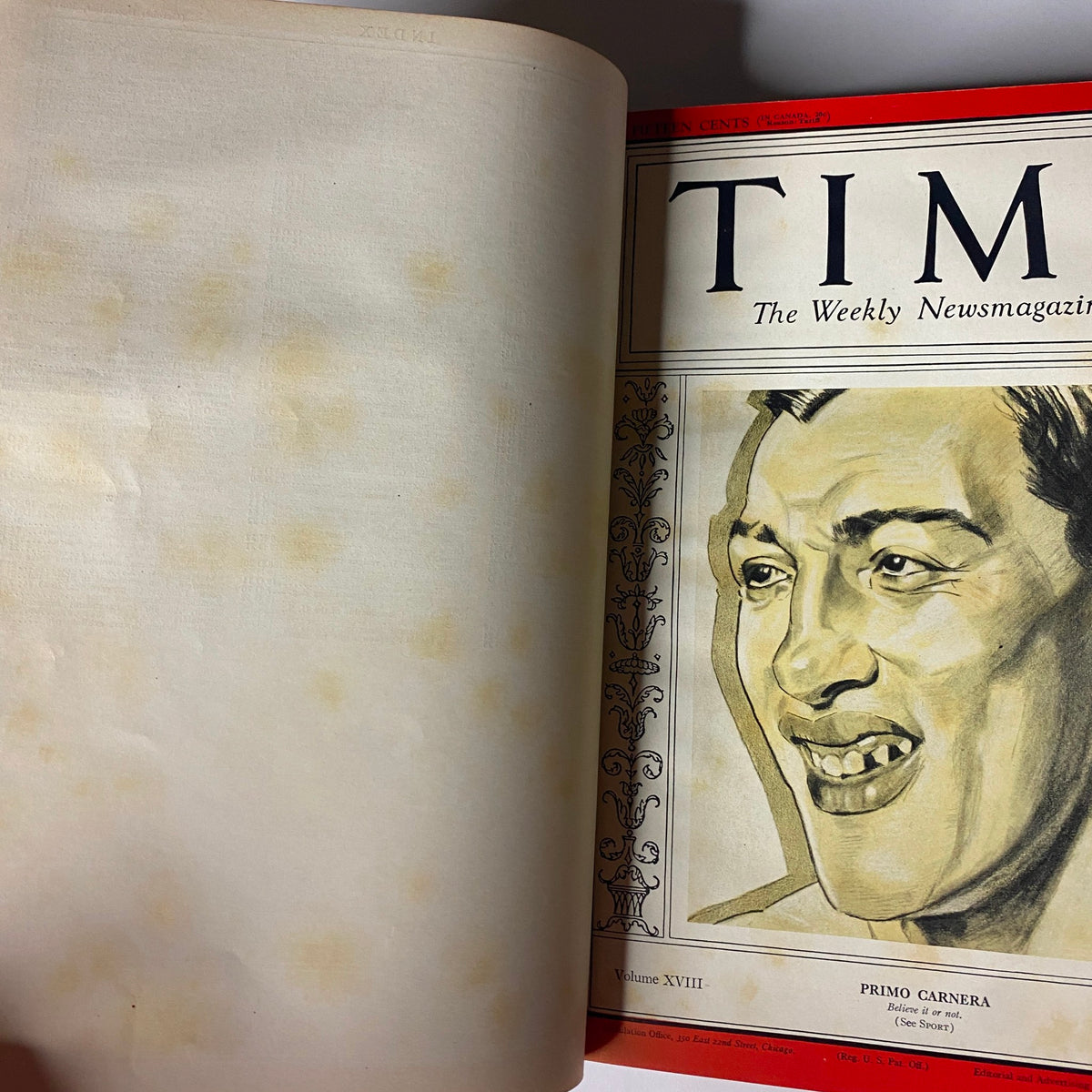 Illustration from the Time Magazine Library Bound collection, showcasing a portrait of Primo Carnera, featured in the issue dated October 5, 1931.