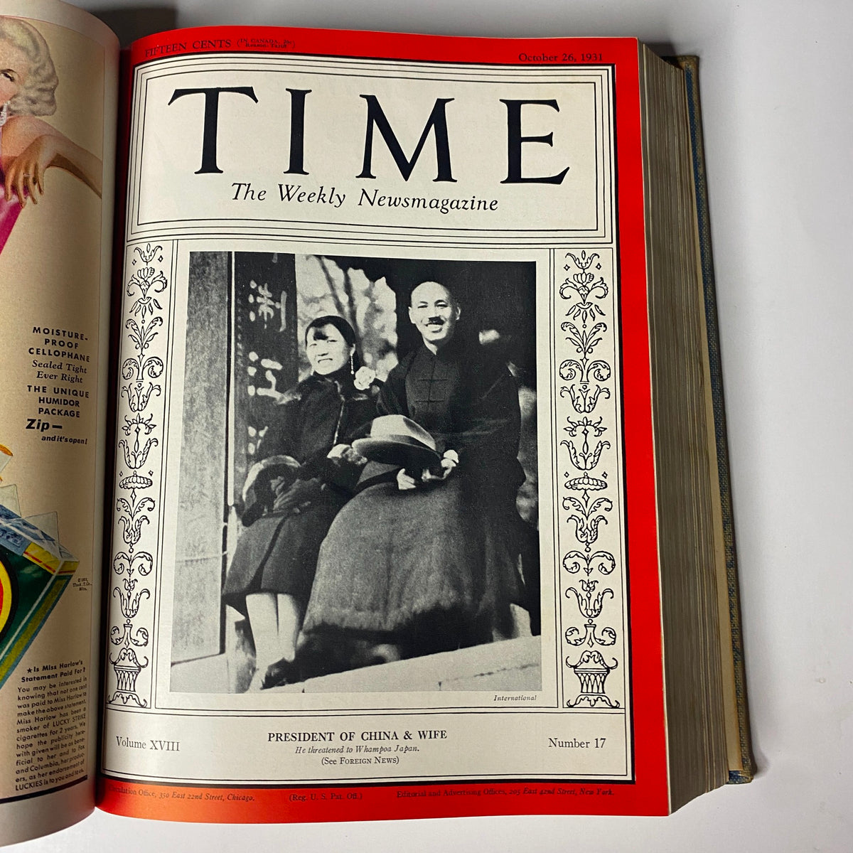 Time Magazine Library Bound Volume featuring the President of China and his wife, October 26, 1931. This issue presents a photograph illustrating the political atmosphere of the early 1930s.