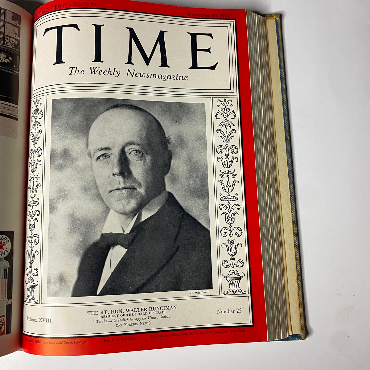 Time Magazine cover depicting The Rt. Hon. Walter Runciman, November 30, 1931, from the Time Magazine Library Bound collection covering October 5 to December 28, 1931.