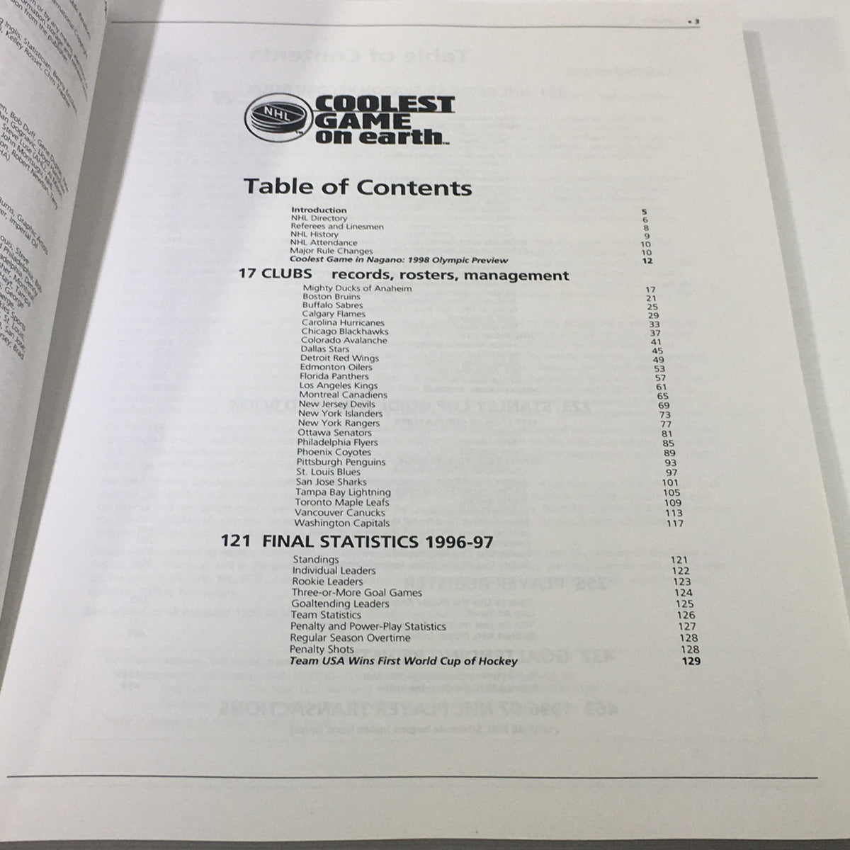Table of contents page from the VTG NHL Official Guide & Record Book 1997-1998 listing various NHL team records and management.