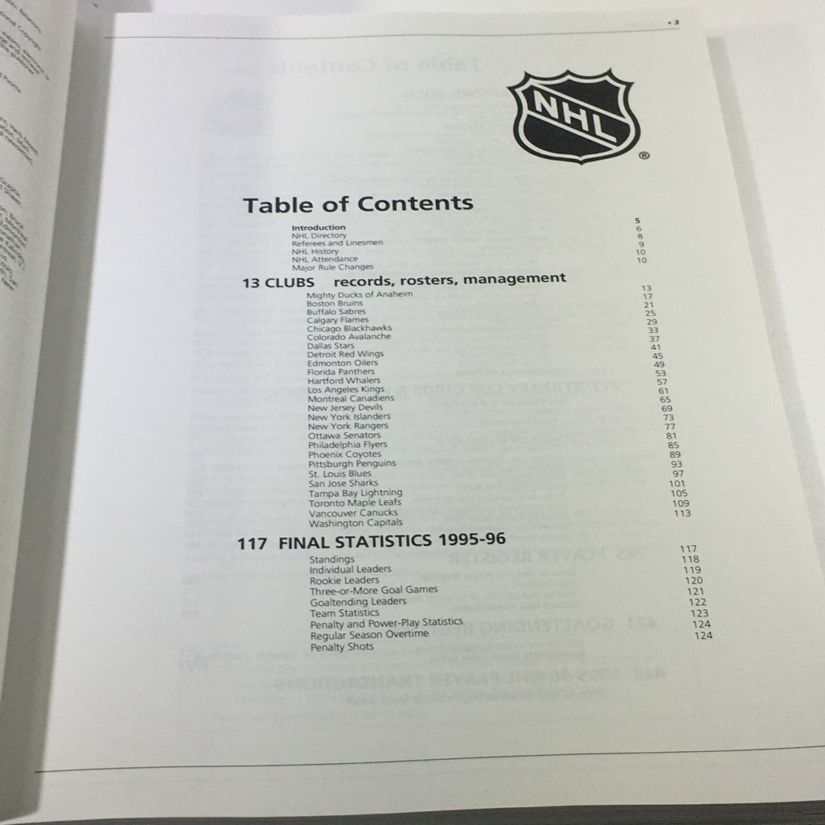 Table of contents page from the VTG NHL Official Guide & Record Book 1996-1997, listing the sections including clubs, rosters, and management details.