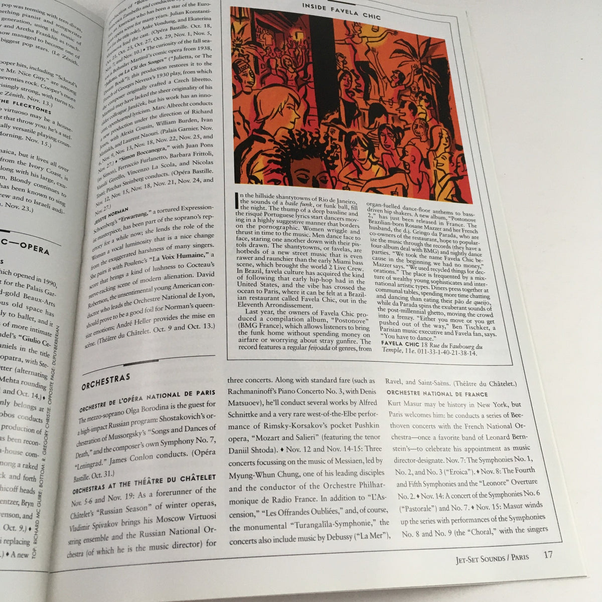 Interior page from The New Yorker 2002 Jet-Set Sounds Fall Music Theme Cover by Richard McGuire, showcasing an illustration related to iFavela Chic and cultural music.