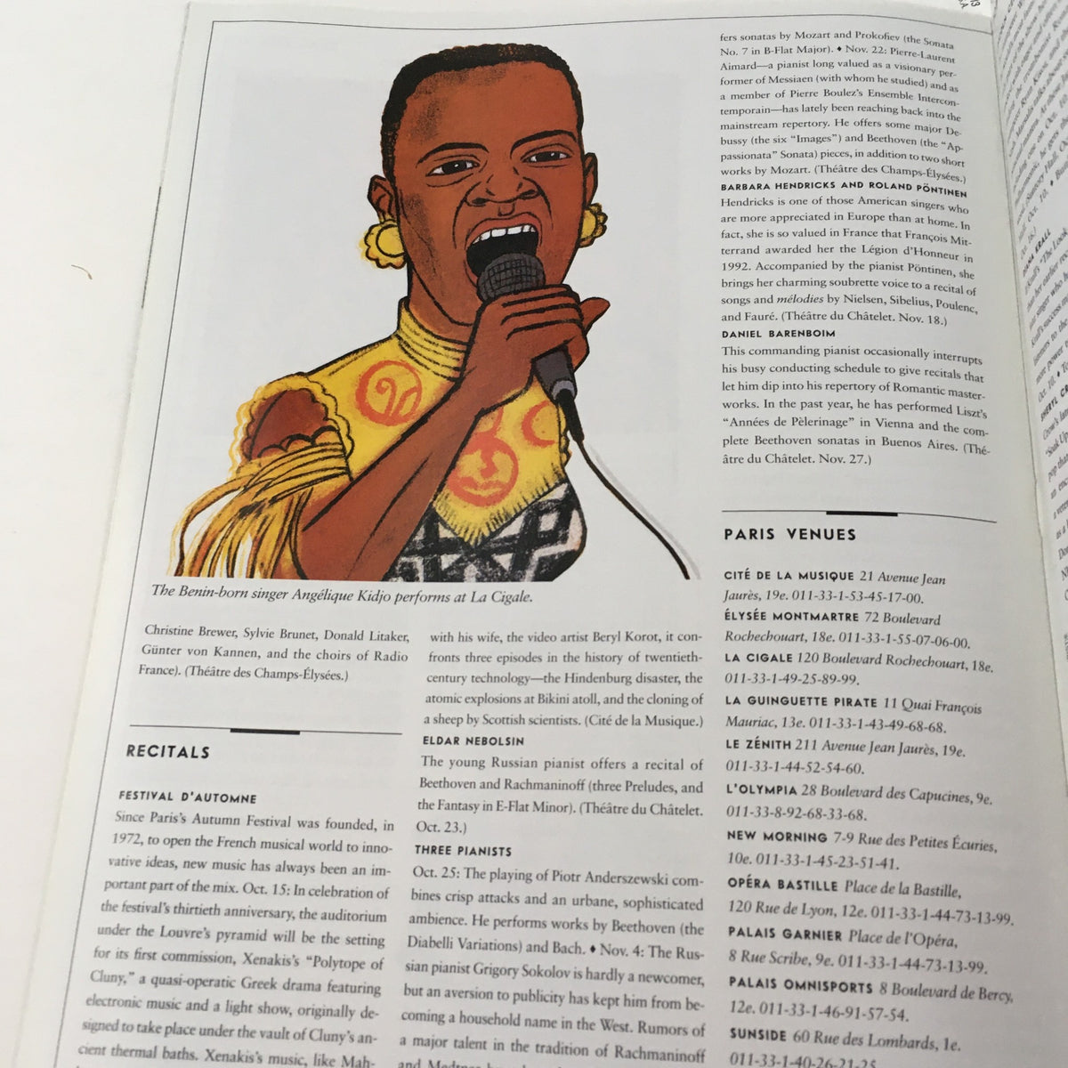 Interior page from The New Yorker 2002 Jet-Set Sounds Fall Music Theme Cover by Richard McGuire, depicting the singer Angélique Kidjo performing at La Chapelle with a vibrant illustration.