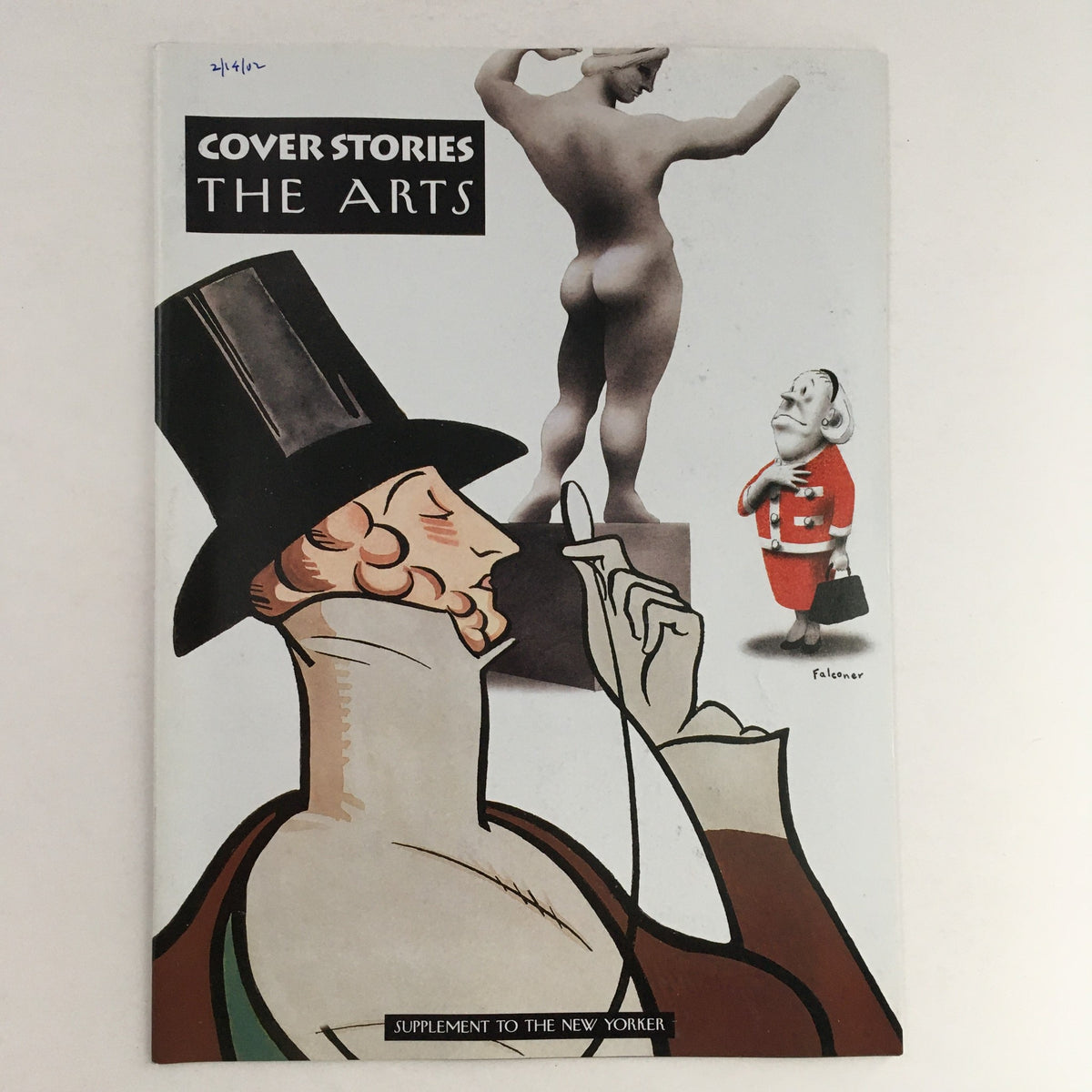 Cover of The New Yorker February 14 2002 featuring The Arts Theme Cover by Ian Falconer, showcasing a stylish figure with a top hat, a sculpture, and whimsical art elements.