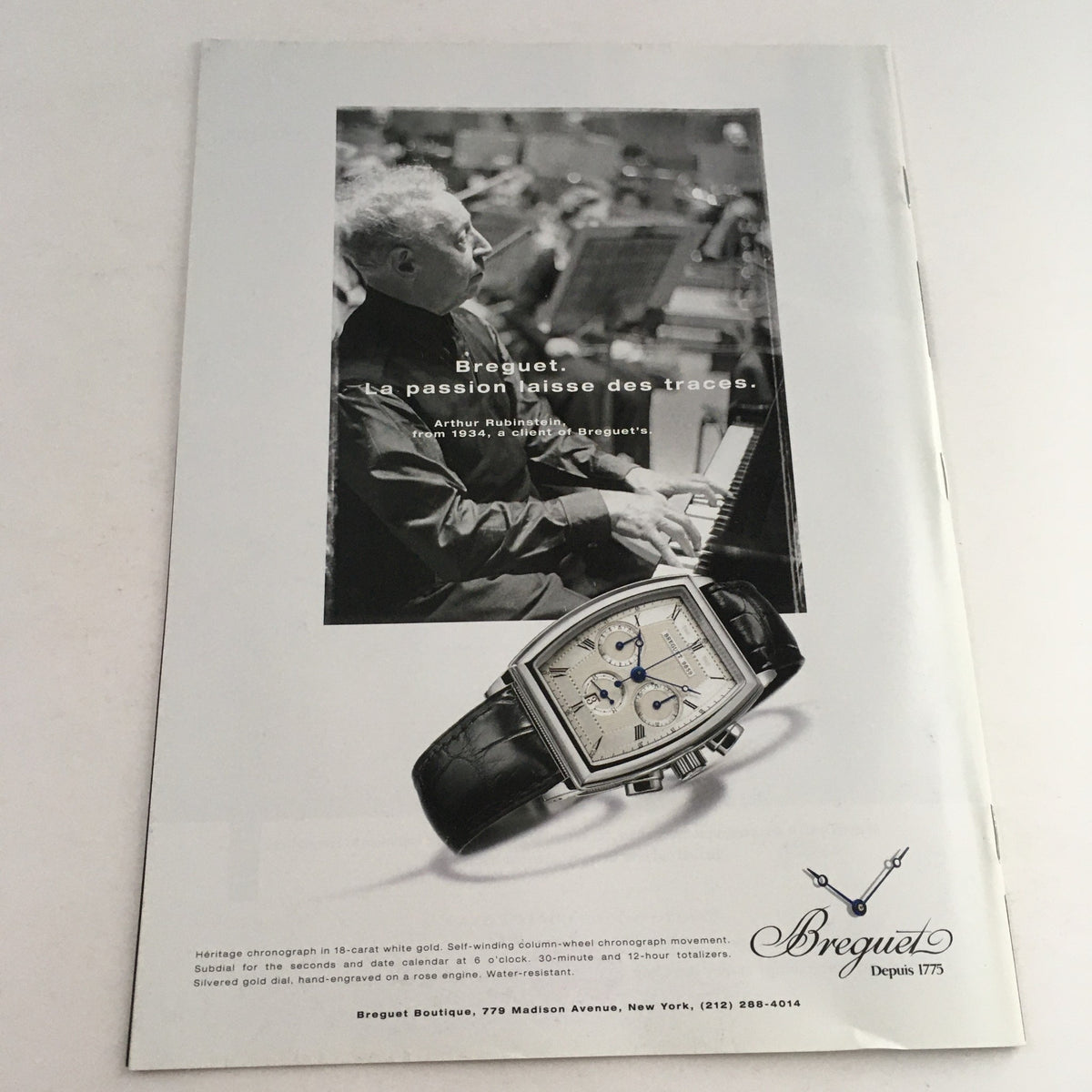 Breguet advertisement featuring a classical watch alongside a renowned pianist, emphasizing craftsmanship and the artistic legacy of Breguet.