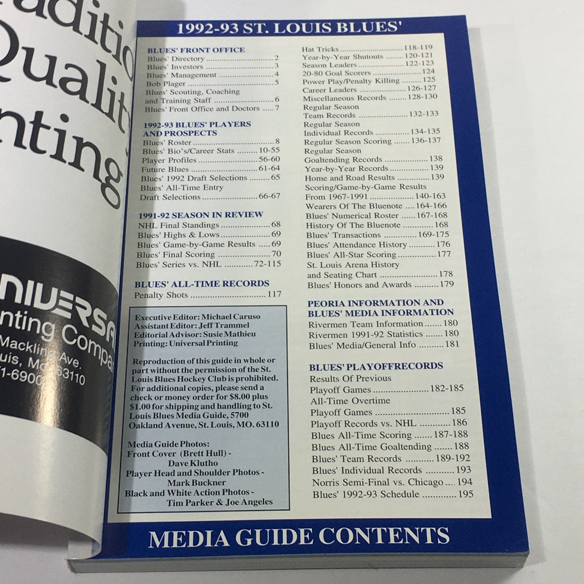 Contents page of the VTG NHL Official Media Guide 1992-1993 - St. Louis Blues, listing sections and features of the guide.
