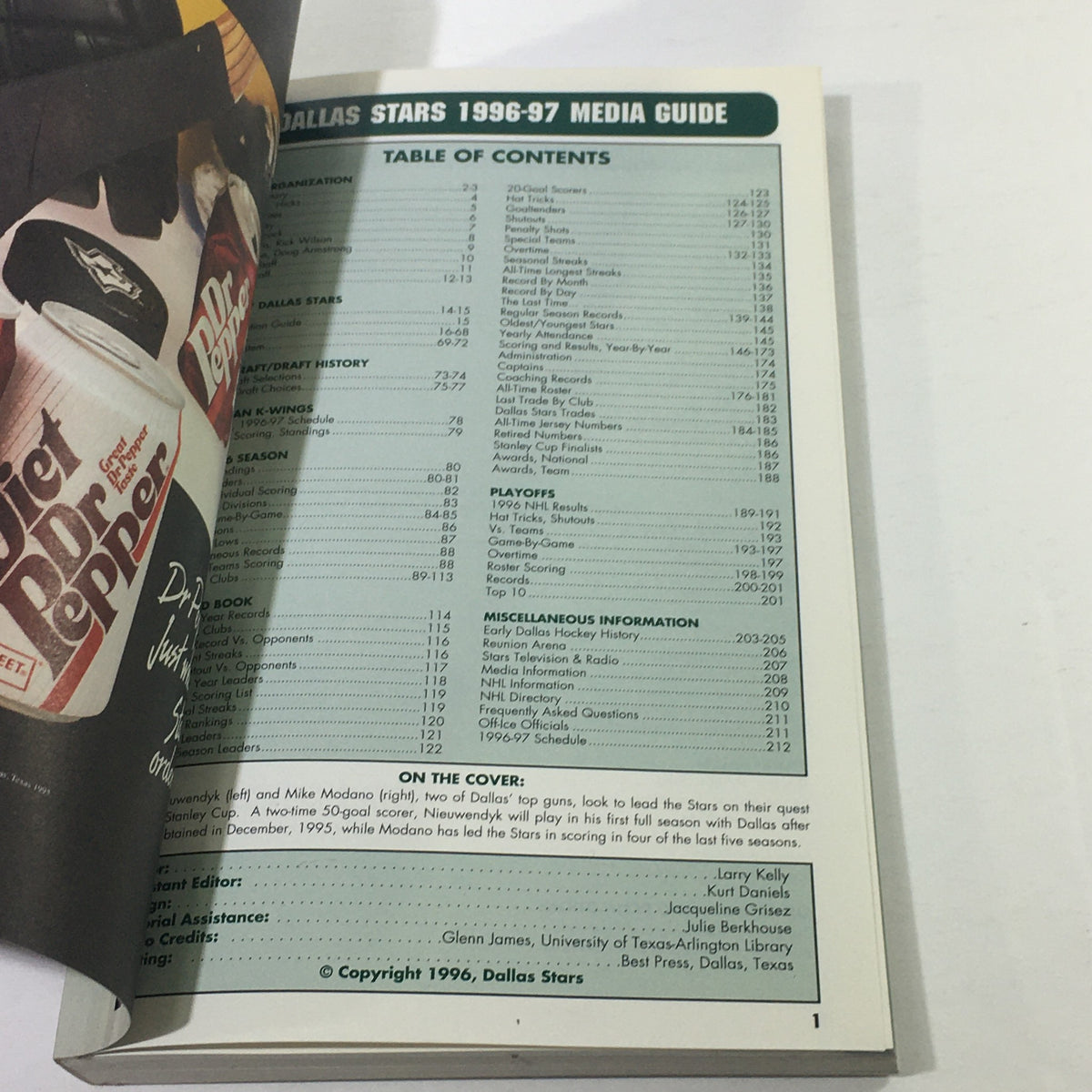 Interior page of the Vintage NHL Official Media Guide 1996-1997, displaying the table of contents with updates on the Dallas Stars franchise and player roster.