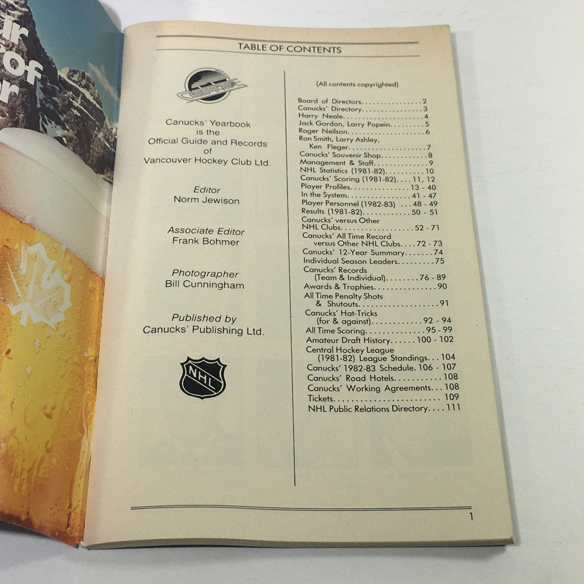 VTG NHL Official Yearbook 1982-1983 - Vancouver Canucks - Table of contents page detailing the yearbook's features and contributors.