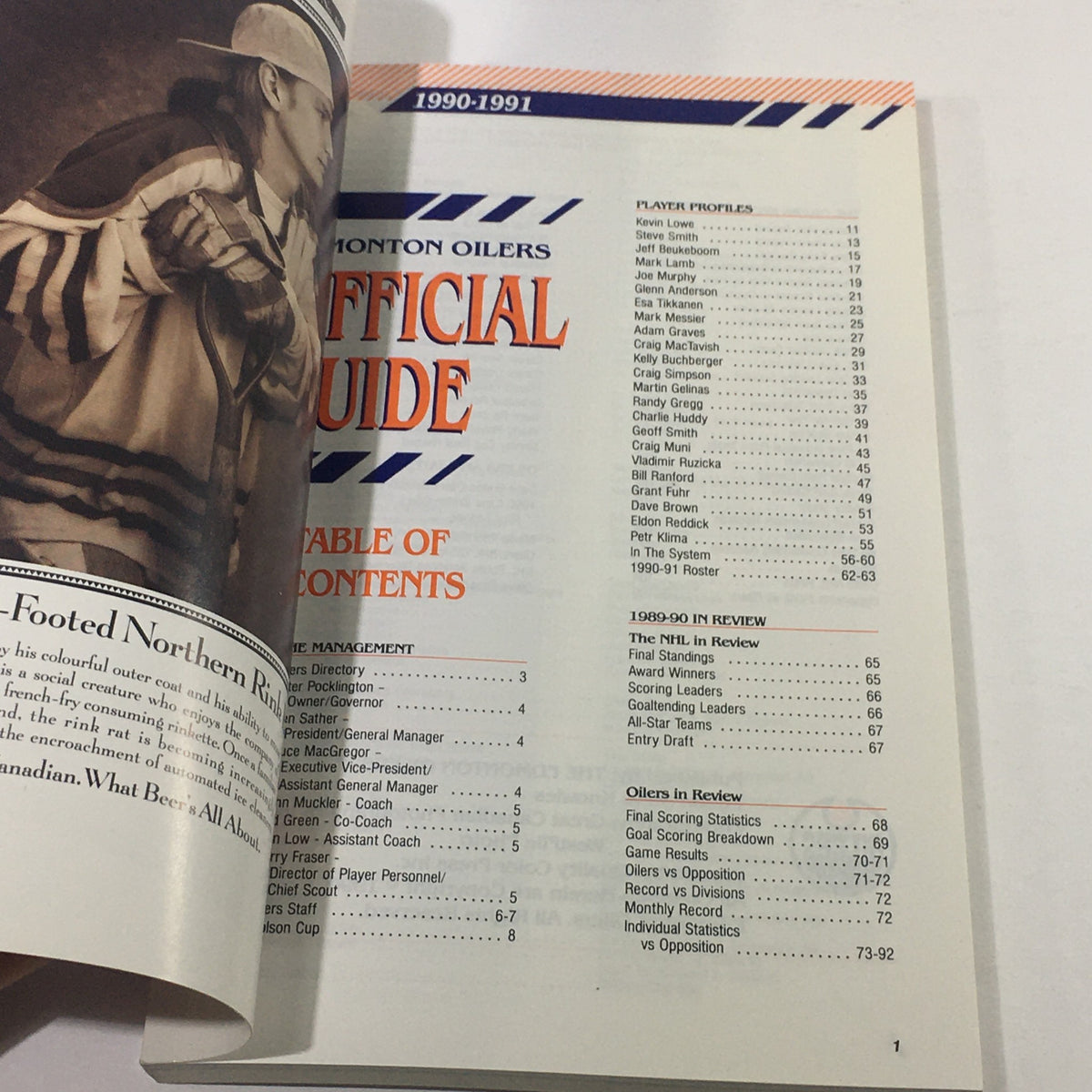 Interior page of the VTG NHL Official Guide 1990-1991 for the Edmonton Oilers, showing the table of contents and player profiles.