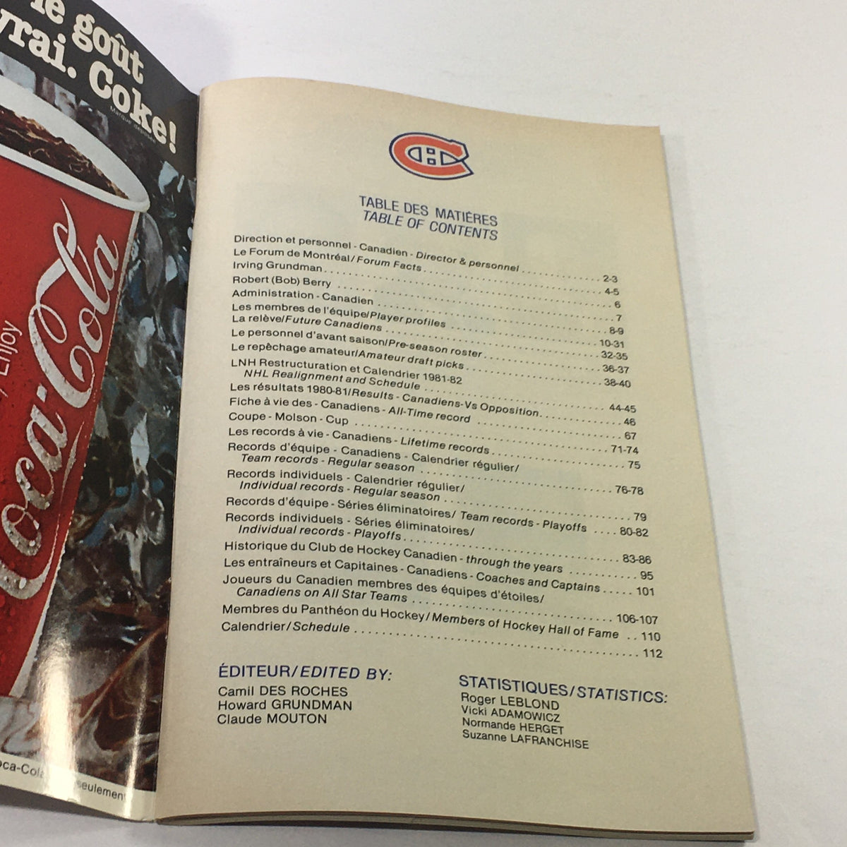 Inside page of the VTG NHL Official Guide 1981-1982 showing the table of contents, highlighting historical statistics and information about Les Canadiens.