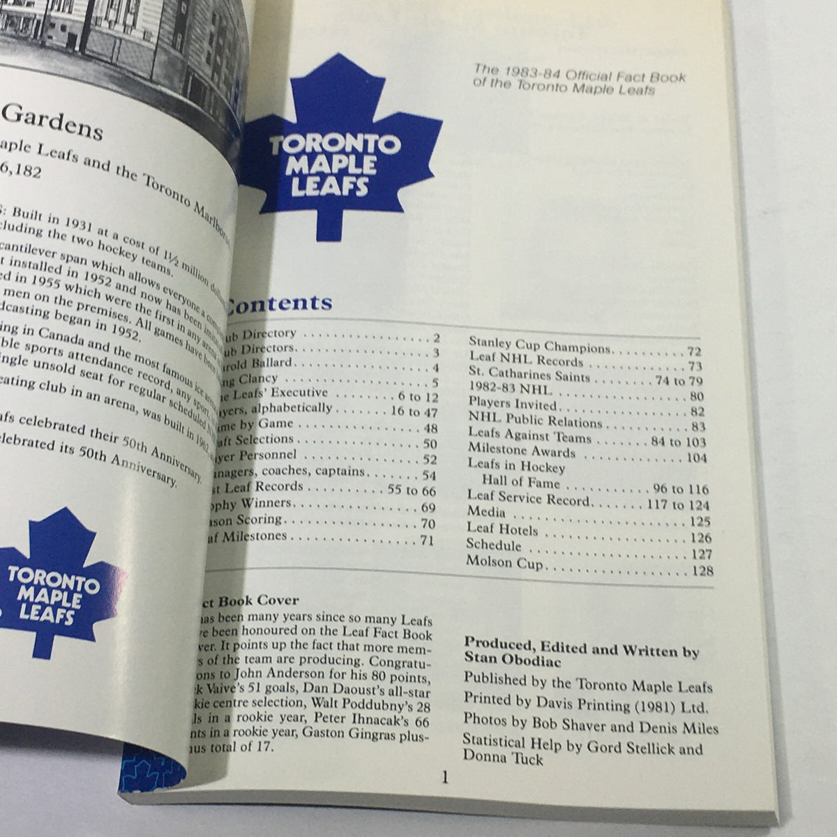 Inside page of the VTG NHL Official Fact Book - Toronto Maple Leafs showcasing the table of contents for the 1983-1984 edition, including sections on history, player statistics, and more.