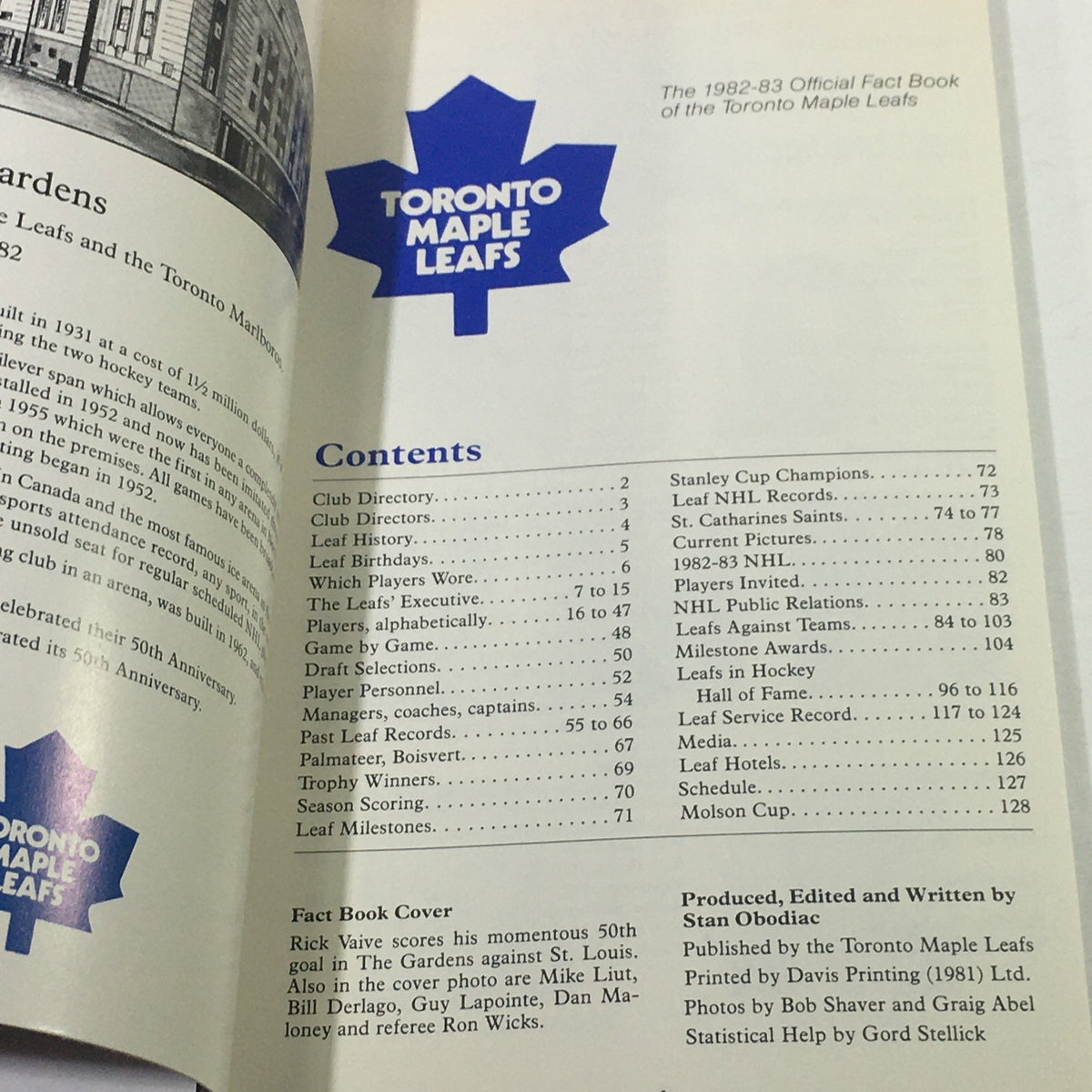 Interior page of the VTG NHL Official Fact Book 1982-1983 displaying the contents section with the Toronto Maple Leafs logo, detailing team history and statistics.