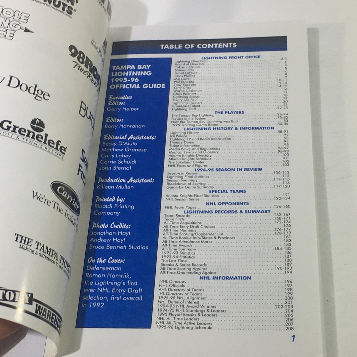 Inside page of the VTG NHL Official Guide 1995-1996, displaying the table of contents for Tampa Bay Lightning, highlighting players and team information.
