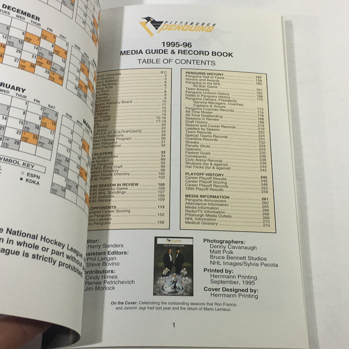 Interior page of the VTG NHL Official Media Guide 1995-1996 displaying the table of contents and details about the Pittsburgh Penguins.