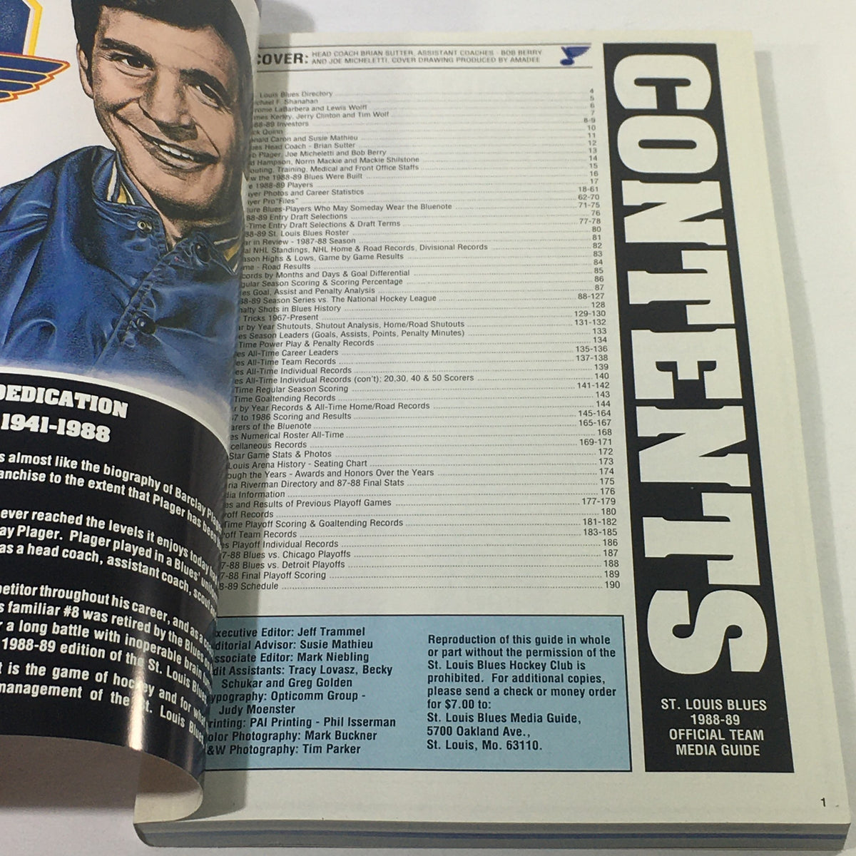 Interior view of the VTG NHL Official Media Guide 1988-1989 showcasing the contents page and dedication section, highlighting the history of the St. Louis Blues.