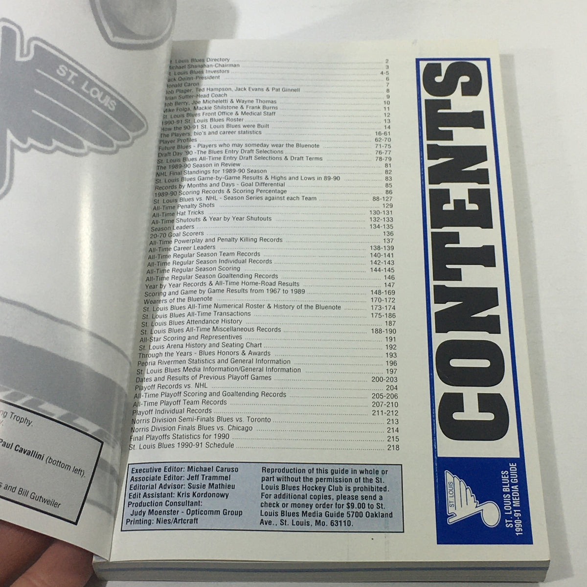 Inside view of the VTG NHL Official Media Guide 1990-1991 - St. Louis Blues displaying the table of contents, highlighting key sections and features of the guide.