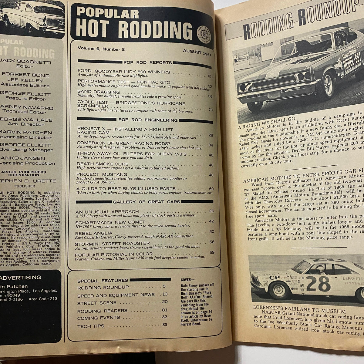 Interior pages of Popular Hot Rodding Magazine from August 1967 showcasing contents including Ford Goodyear Indy 500 winners and a performance test on Pontiac GTO.