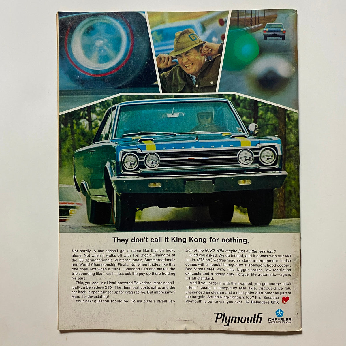 Back cover of Popular Hot Rodding Magazine from August 1967 with an advertisement for Plymouth, featuring a green Belvedere GTX highlighting its racing capabilities.