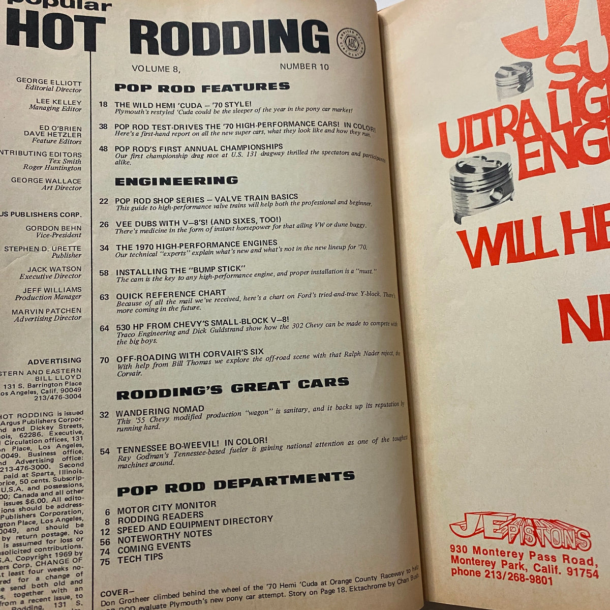 Interior page of Popular Hot Rodding Magazine October 1969 showcasing detailed articles and features on vehicle performance, including the 1970 high-performance cars and engineering basics.