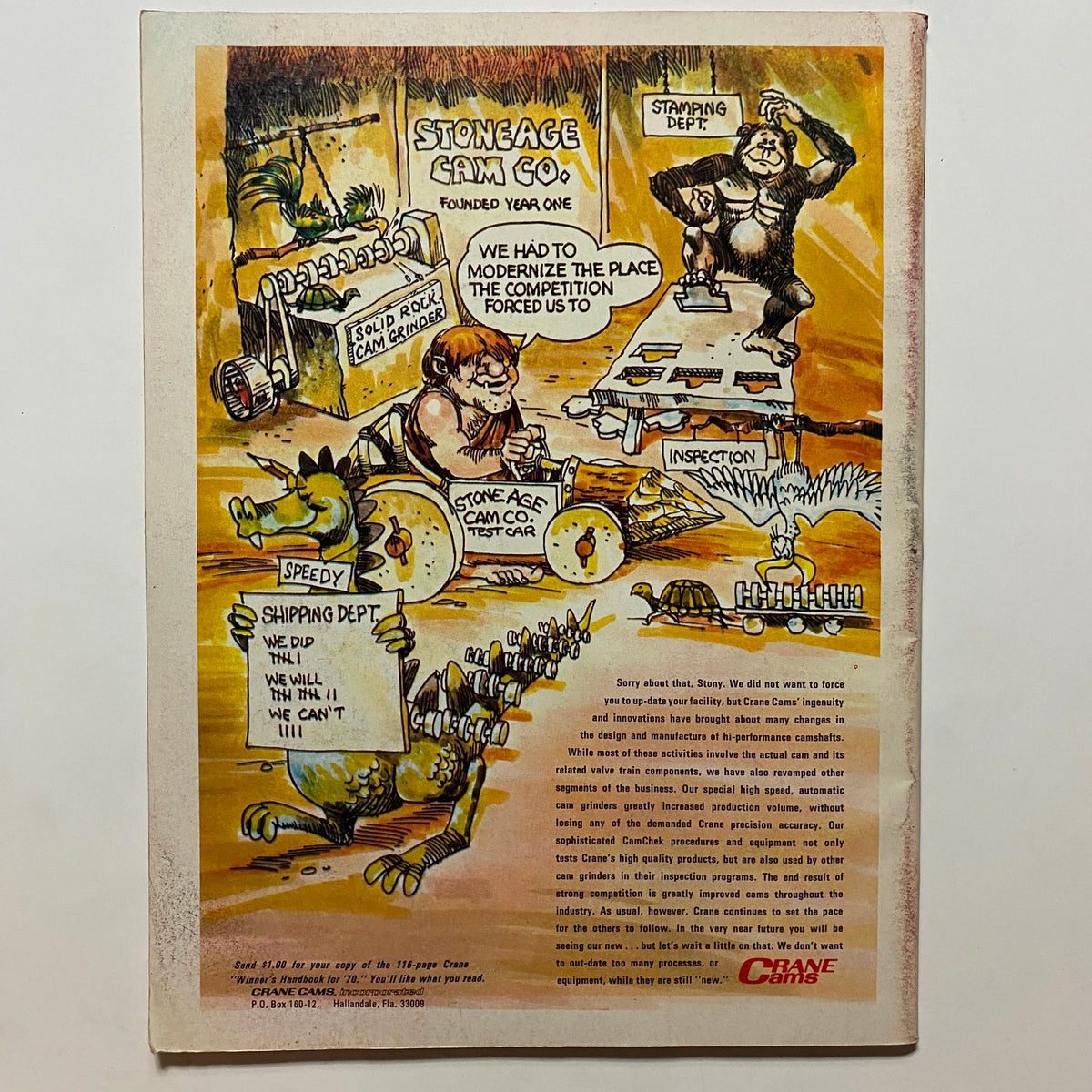 Back cover of Popular Hot Rodding Magazine June 1970 featuring a humorous cartoon illustration for Stoneage Cam Co., showcasing a whimsical portrayal of automotive innovation and the culture of hot rodding.