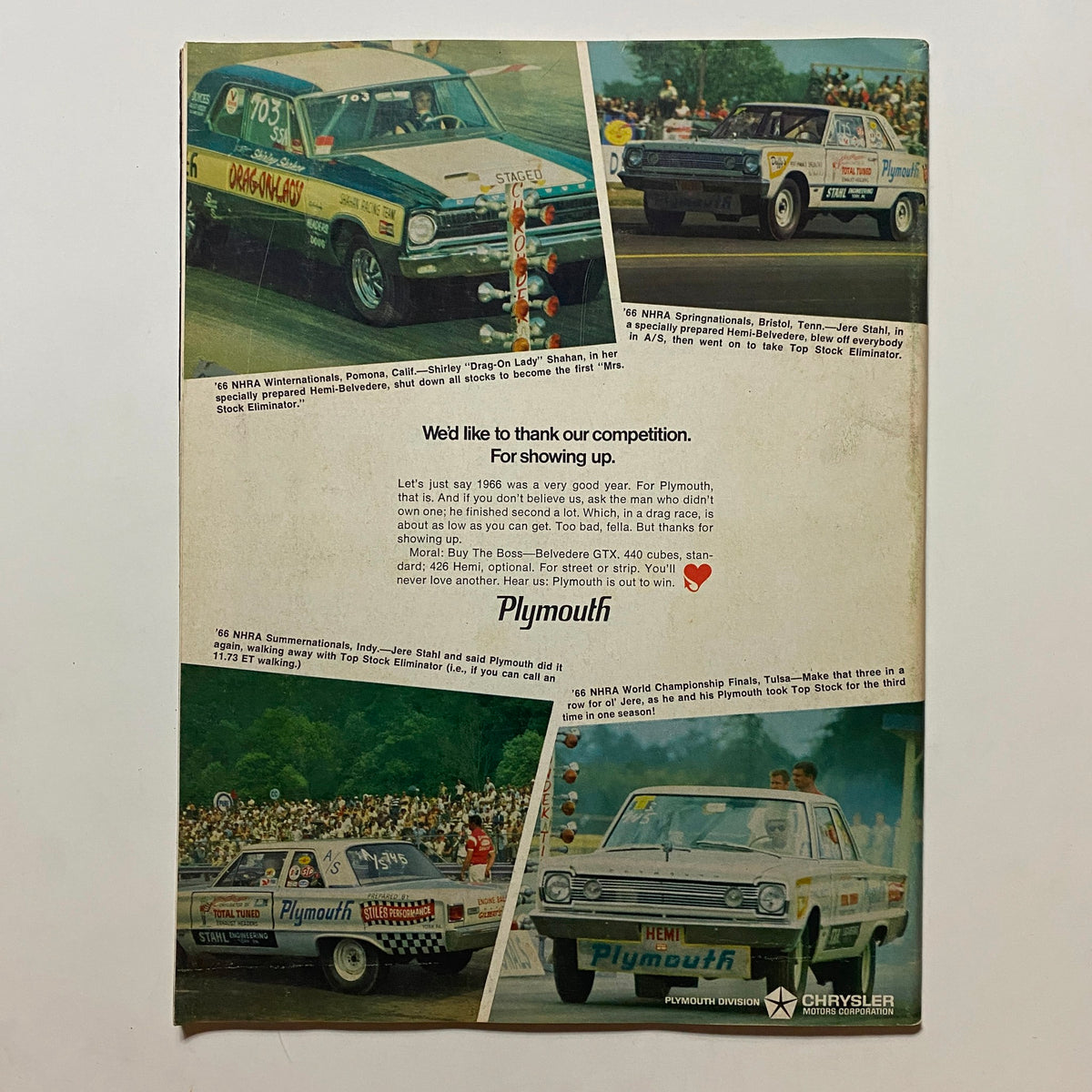 Back cover of Popular Hot Rodding Magazine March 1967 highlighting Plymouth cars in racing, thanking competitors while emphasizing automotive performance.