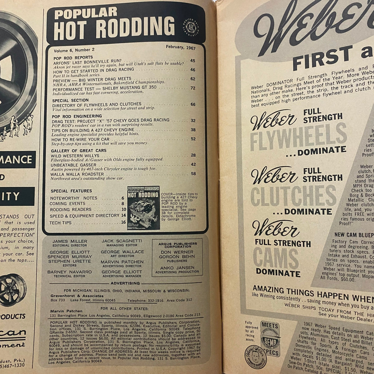 Interior page of Popular Hot Rodding Magazine February 1967 showcasing content sections including tips on building a 427 Chevy engine and various automotive features.
