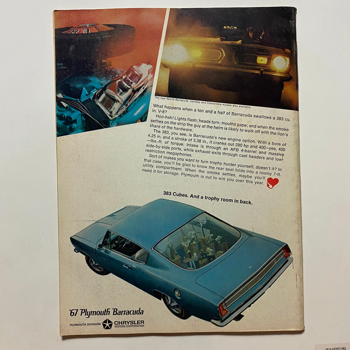 Back cover of Popular Hot Rodding Magazine February 1967 featuring an advertisement for the 1967 Plymouth Barracuda with images and text highlighting its features.