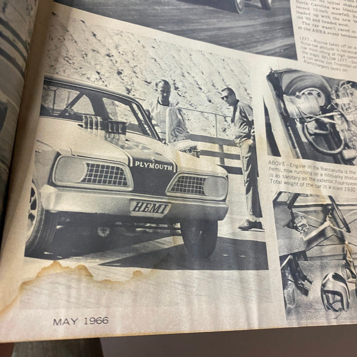 Black and white image from the May 1966 issue of Super Stock & Drag Illustrated Magazine showcasing a Plymouth car at a drag racing event, emphasizing the HEMI engine.