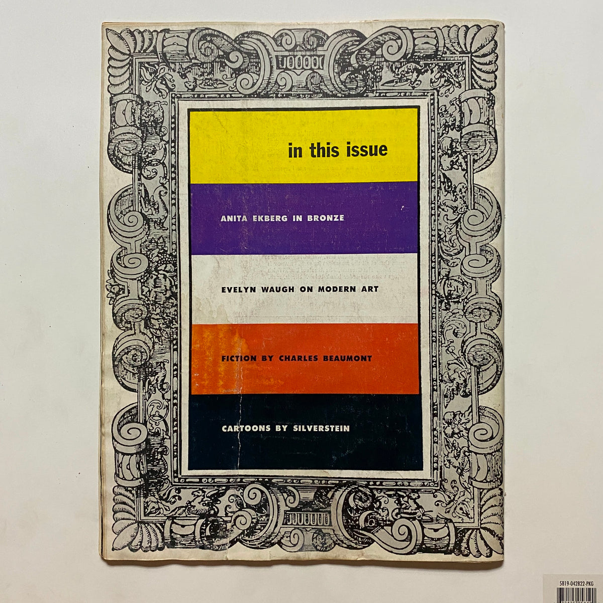 Back cover of the VTG Playboy Magazine August 1956 listing featured articles including Anita Ekberg in Bronze and Evelyn Waugh on Modern Art.