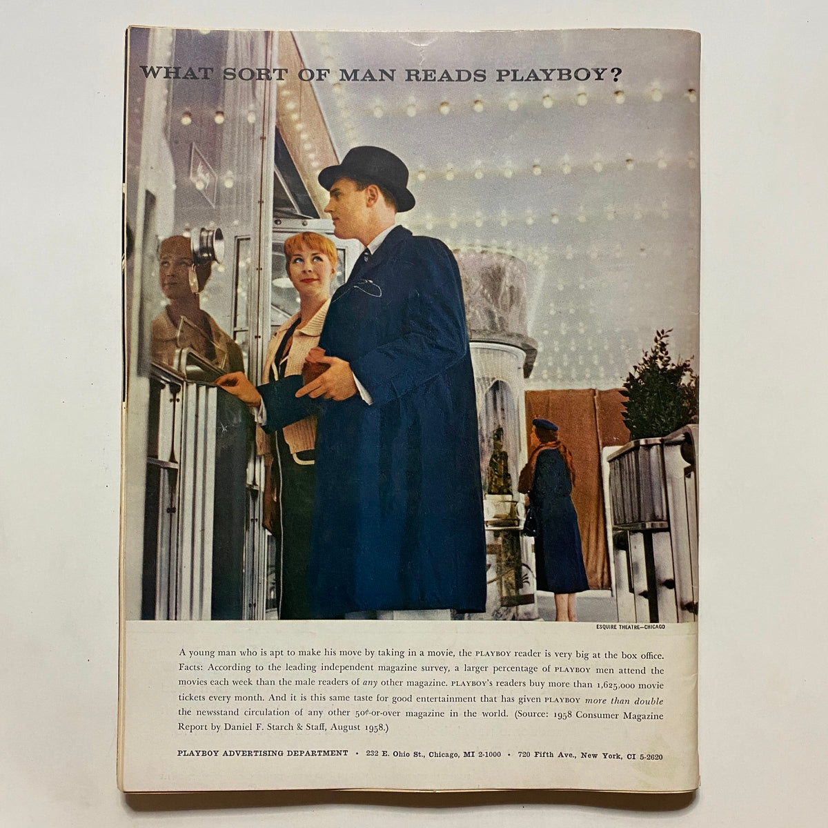 Back cover of VTG Playboy Magazine October 1958 showcasing an advertisement with a man and woman discussing the magazine's readership.