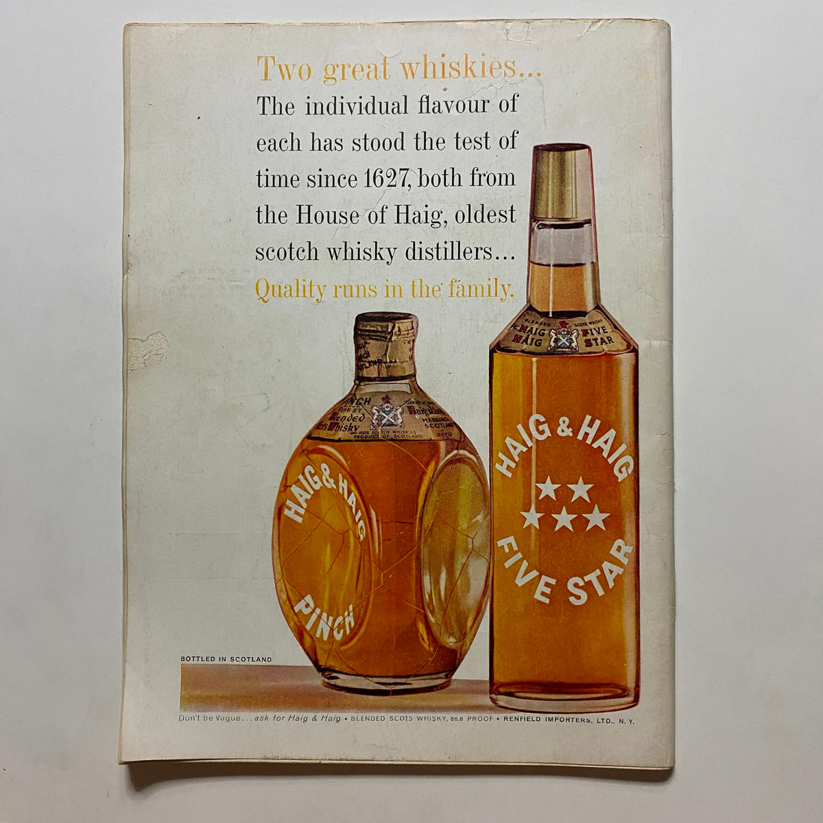 Back cover advertisement from VTG Playboy Magazine June 1961 featuring two whisky bottles from the House of Haig, emphasizing quality and heritage.