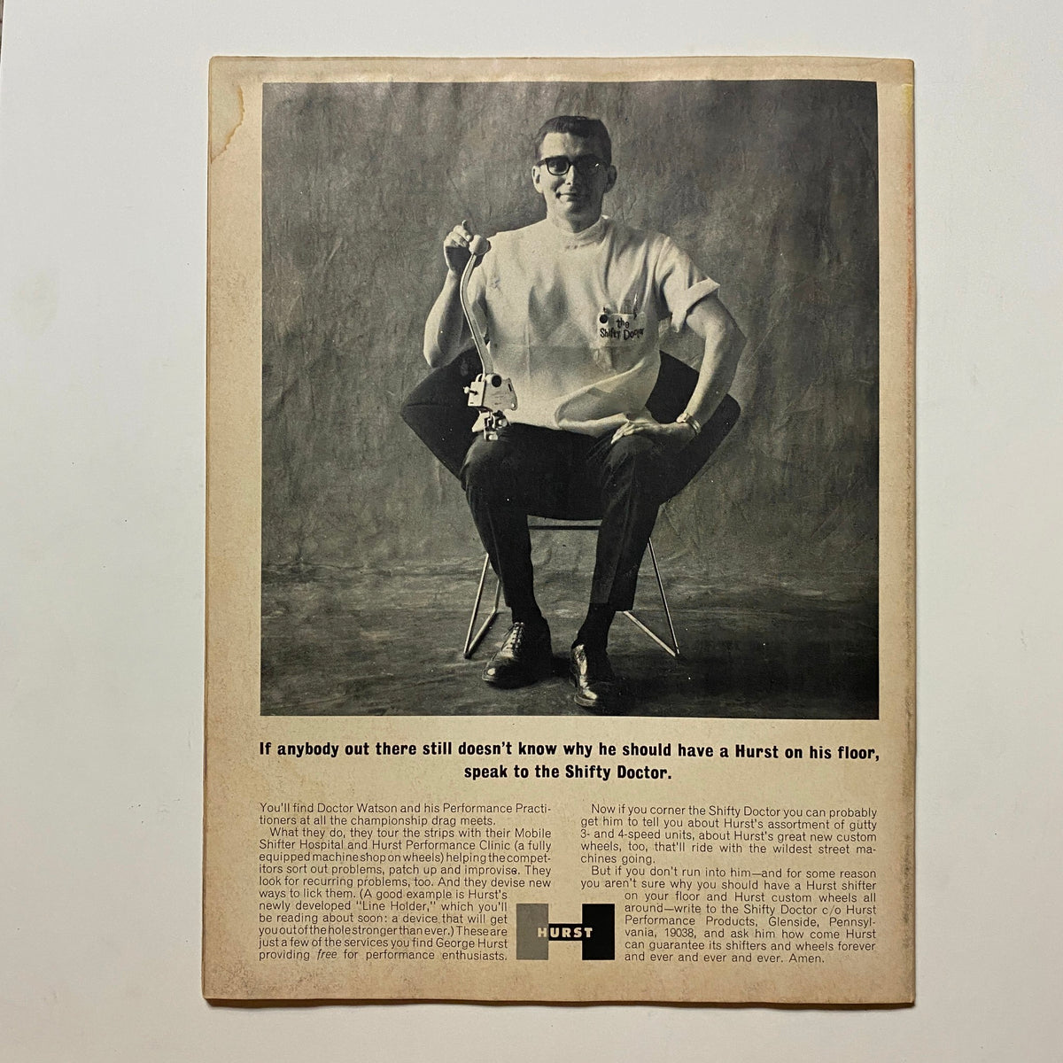 Back cover of the Super Stock & Drag Illustrated Magazine September 1965, featuring an advertisement for Hurst Performance products with a photo of the Shifty Doctor.