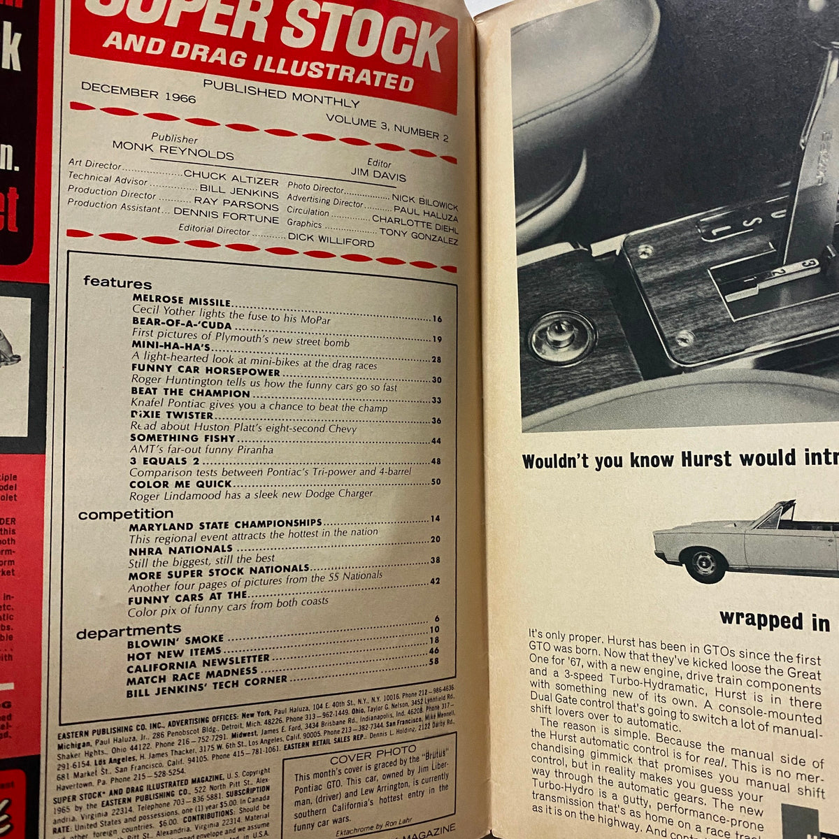 Interior spread of the Super Stock & Drag Illustrated Magazine December 1966 featuring Pontiac GTO, displaying the publication's features and articles section.