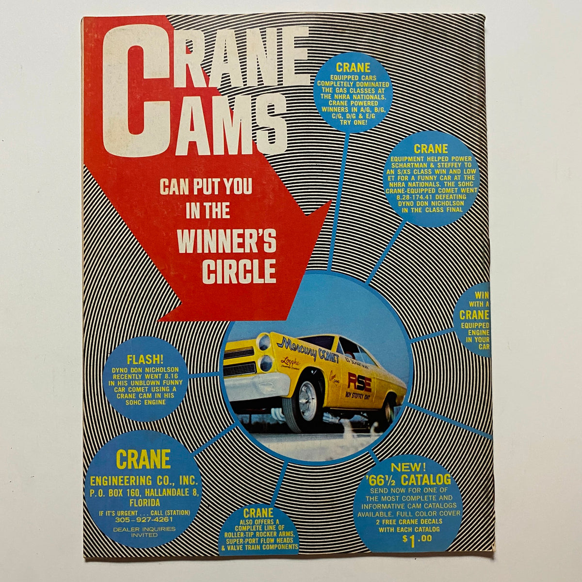 Cover of Crane Cams advertisement with bold graphics, promoting high-performance car parts and their impact on winning in drag racing, associated with the Super Stock & Drag Illustrated Magazine December 1966.