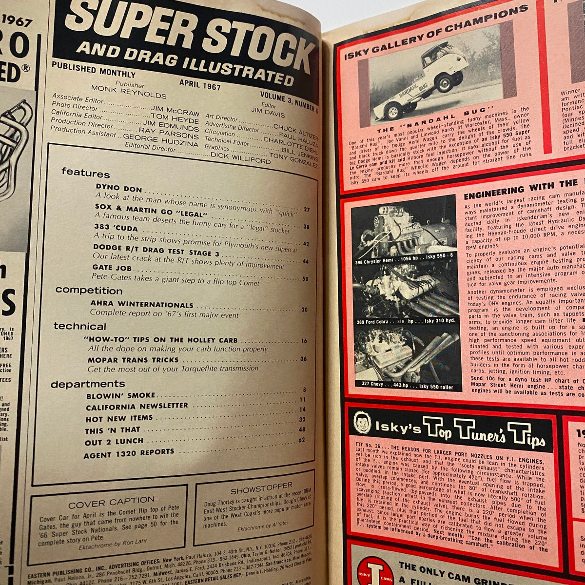 Interior page of Super Stock & Drag Illustrated Magazine April 1967 showing features and content listings, indicative of the era’s racing insights and techniques.