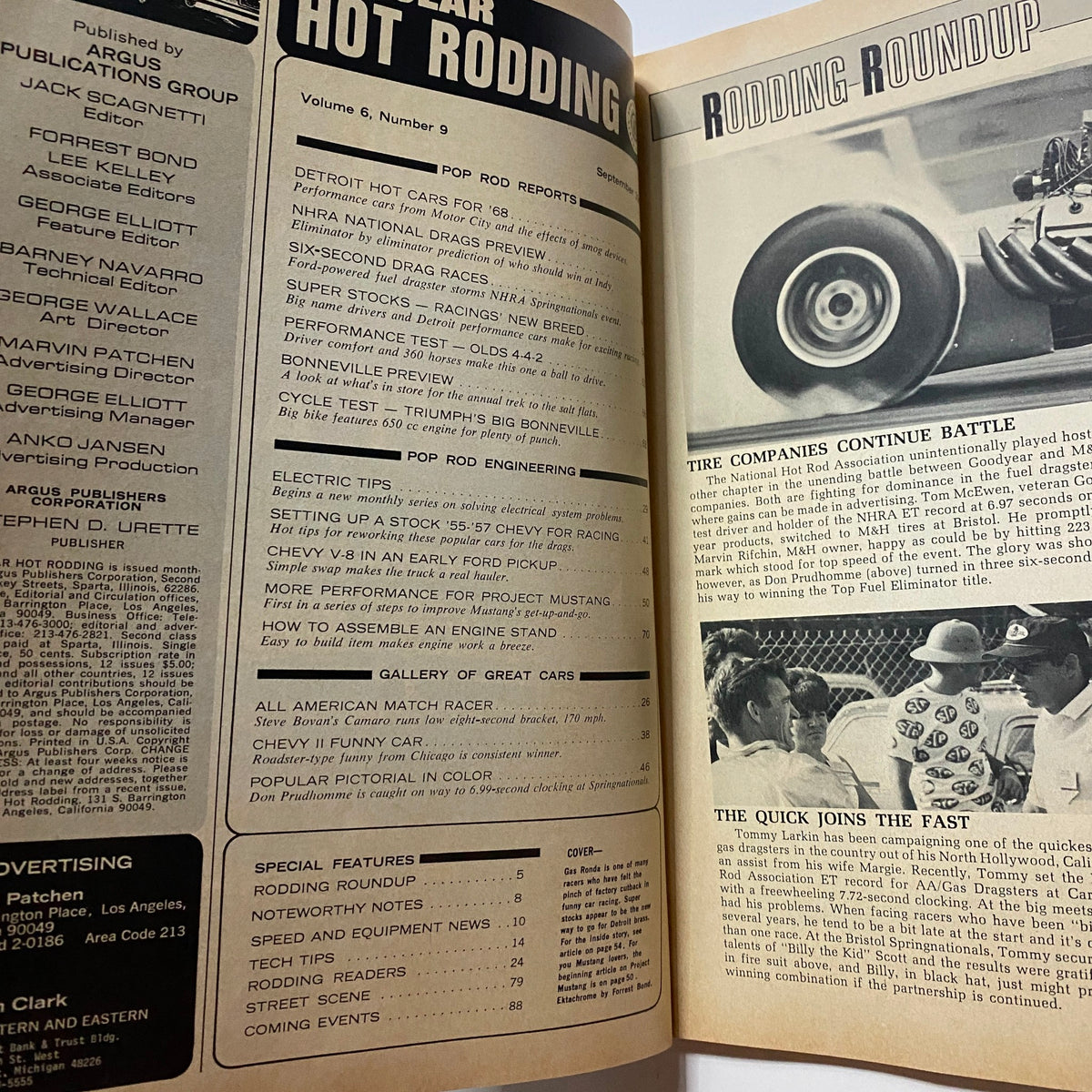 Inside page of Popular Hot Rodding Magazine, September 1967 showcasing the table of contents and articles related to hot rodding and racing Chevys.