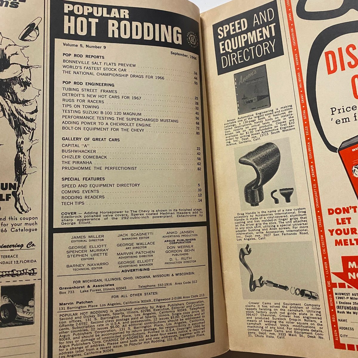 Interior page of Popular Hot Rodding Magazine September 1966 showcasing the table of contents and features including car modifications and performance tests.