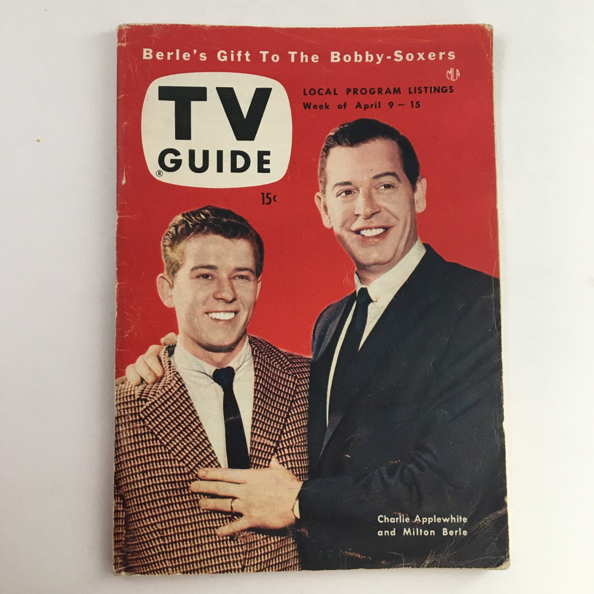 Cover of TV Guide Magazine from April 9, 1954, featuring Milton Berle and Charlie Applewhite in a promotional photo, ideal for vintage magazine collectors.