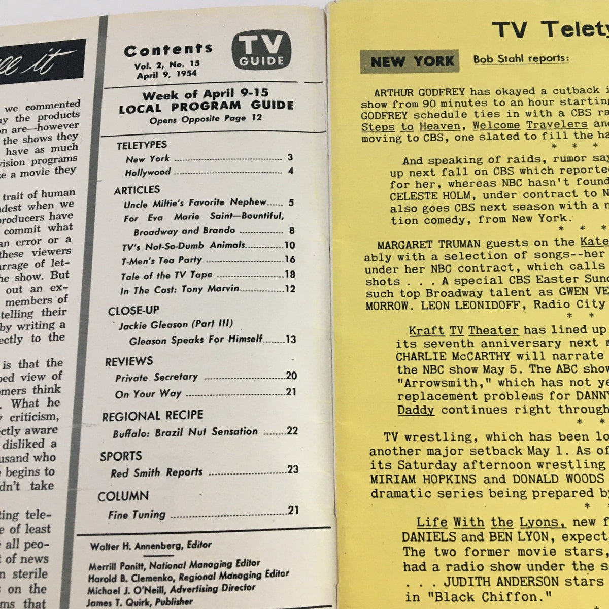 Interior contents page of TV Guide Magazine for the week of April 9-15, 1954, detailing articles and programming in early television.
