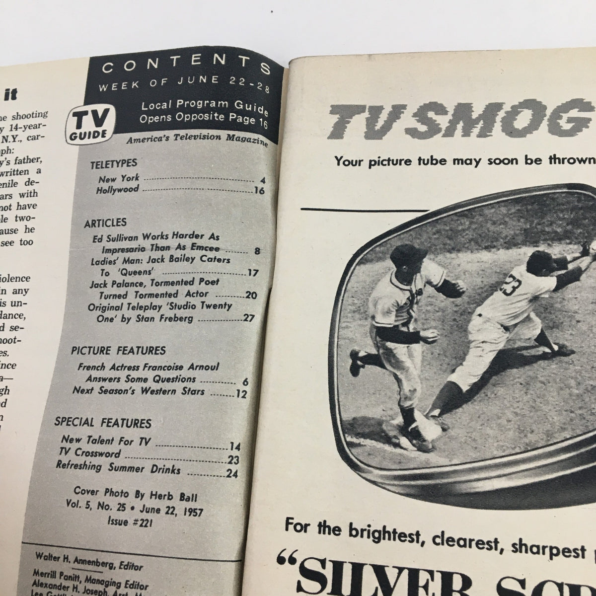 Contents page of TV Guide Magazine June 22 1957 listing articles and features including Jack Palance, Wisconsin Edition.
