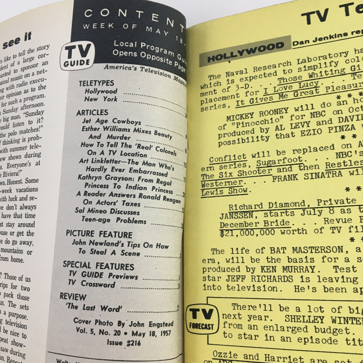 Inside page of TV Guide Magazine May 18 1957 displaying the contents section, highlighting articles including Esther Williams and various television features.