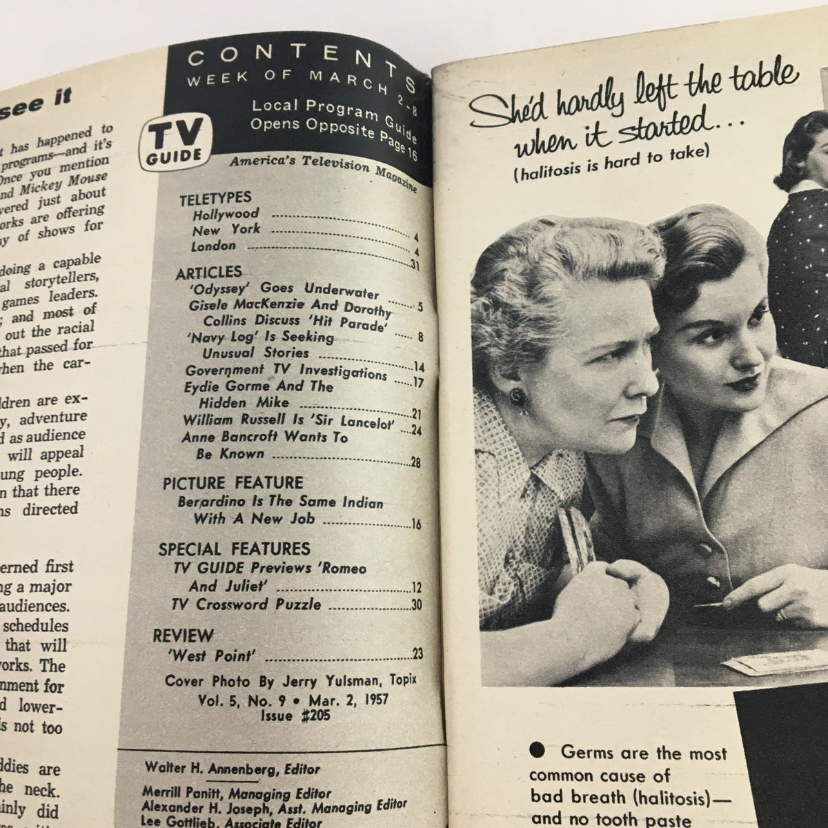 TV Guide Magazine March 2 1957 interior page displaying the contents section, listing articles and features from the Wisconsin Edition.