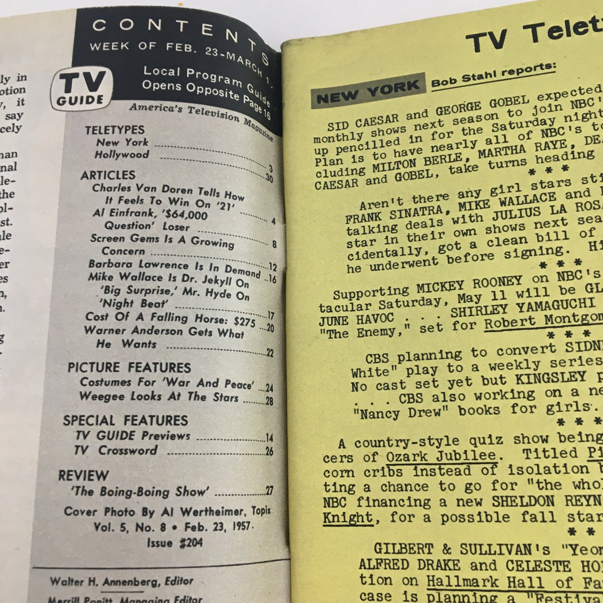 Interior page of TV Guide Magazine February 23, 1957, displaying the table of contents, highlighting articles and television listings.