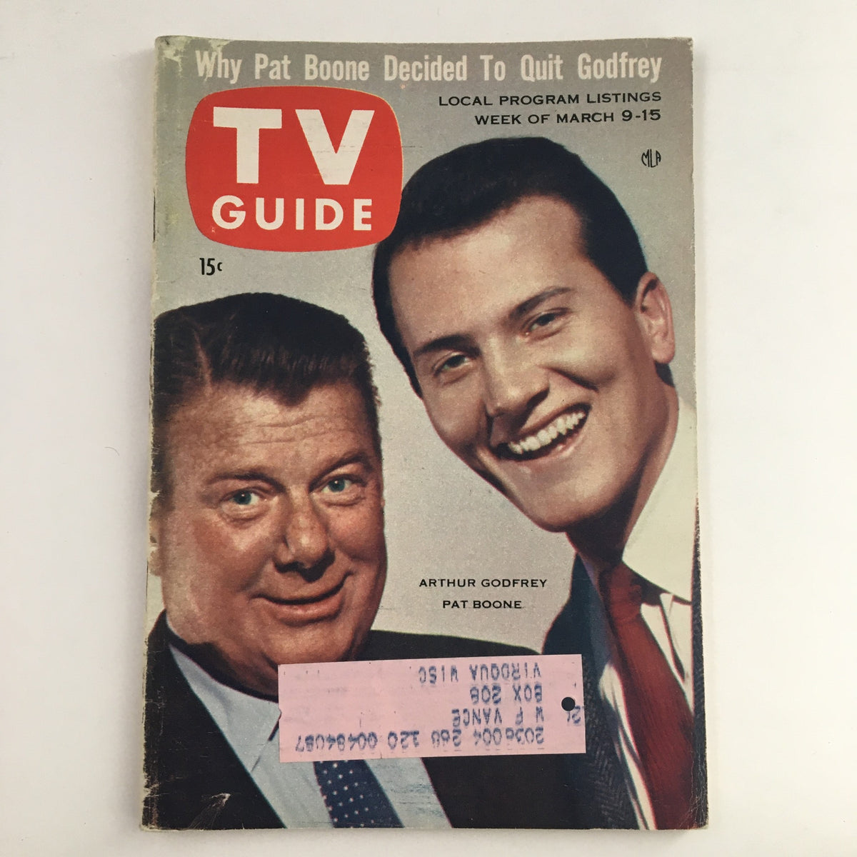TV Guide Magazine March 9 1957 featuring Arthur Godfrey and Pat Boone on the cover. This Wisconsin Edition showcases a vintage style with an address label, highlighting the charm of classic television.