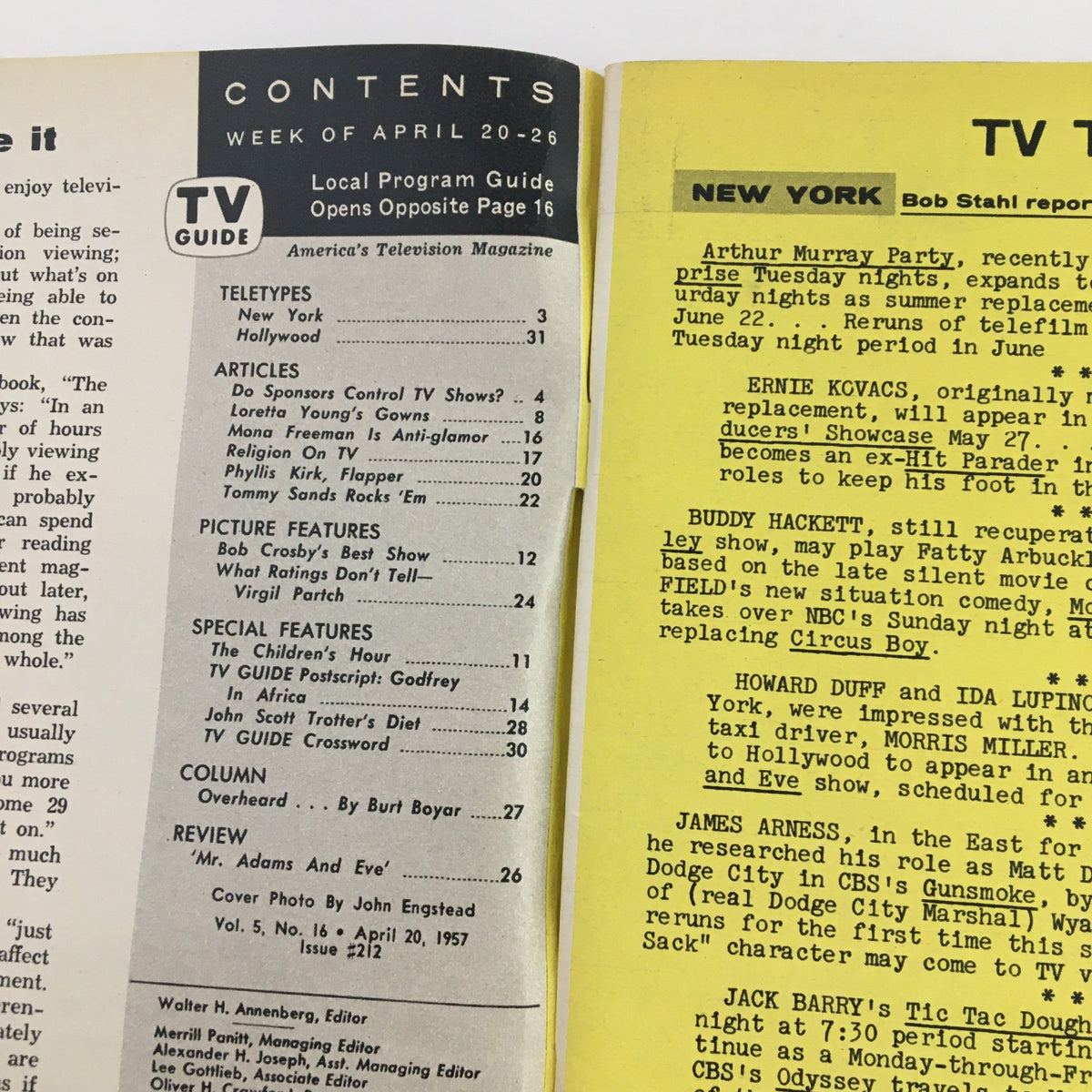 Contents page of the TV Guide Magazine from April 20, 1957, detailing articles and features including a piece on Loretta Young's gowns.