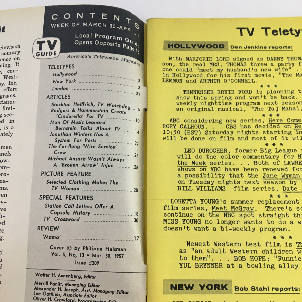 Contents page from TV Guide Magazine March 30 1957, listing articles and features relevant to the television programming of that week.