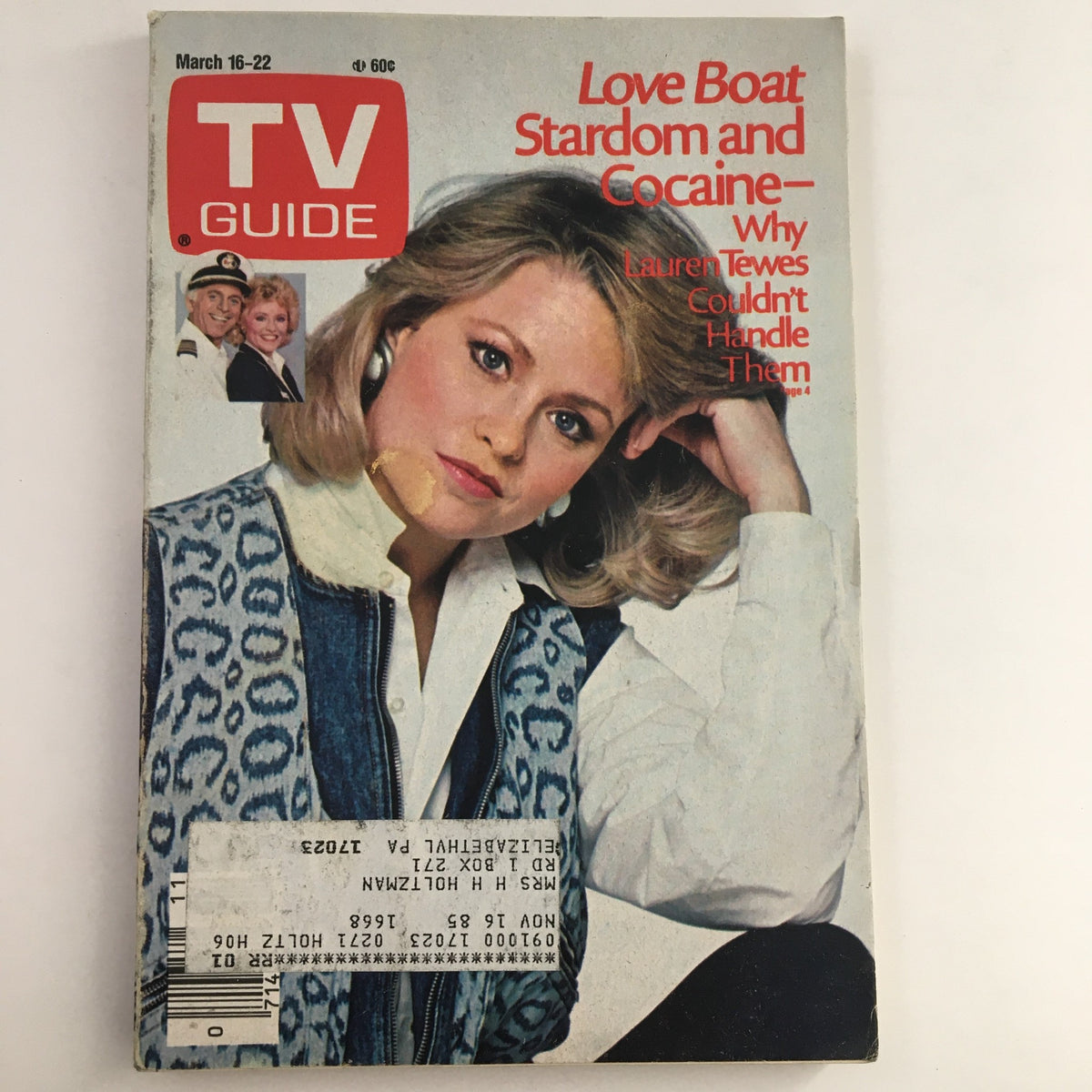 TV Guide Magazine March 16 1985 cover featuring Lauren Tewes from The Love Boat, showcasing vintage magazine aesthetics with a background of entertainment elements.